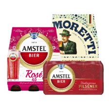 Amstel pilsener blik, 0.0%, rosé bier of Birra Moretti